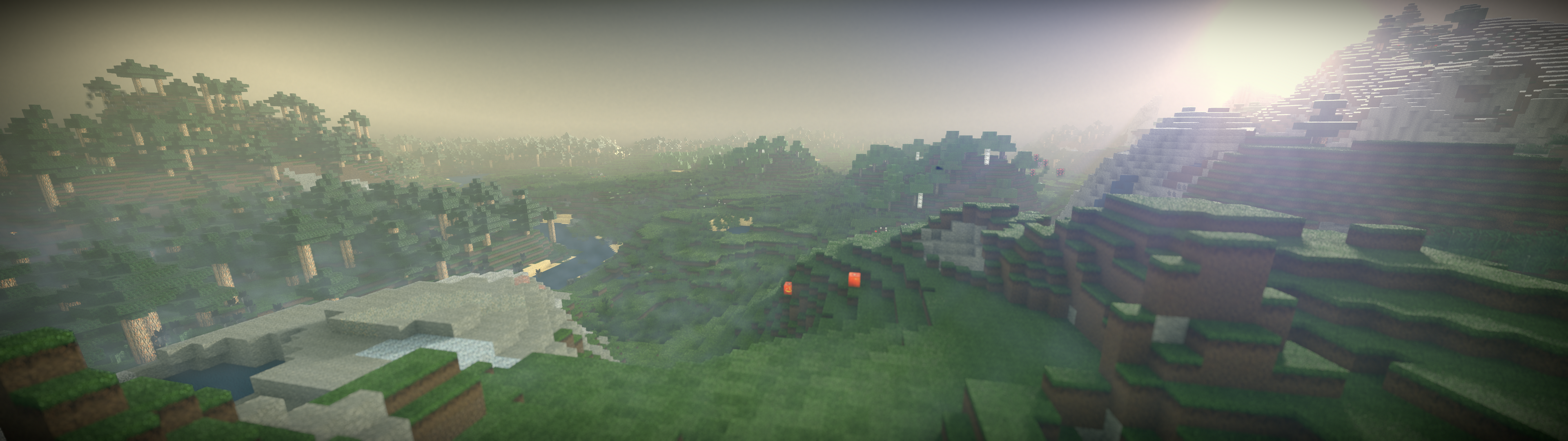 3D rendering, panorama of a Minecraft landscape. A slightly hilly plain, to the right some snowy mountain hills, and to the left a river and a hilly birch forest. Far in the distance, more trees are visible. The scene is very atmospheric and very misty. The sun is peeking through the mist next to one of the mountains at the right, low in the sky.